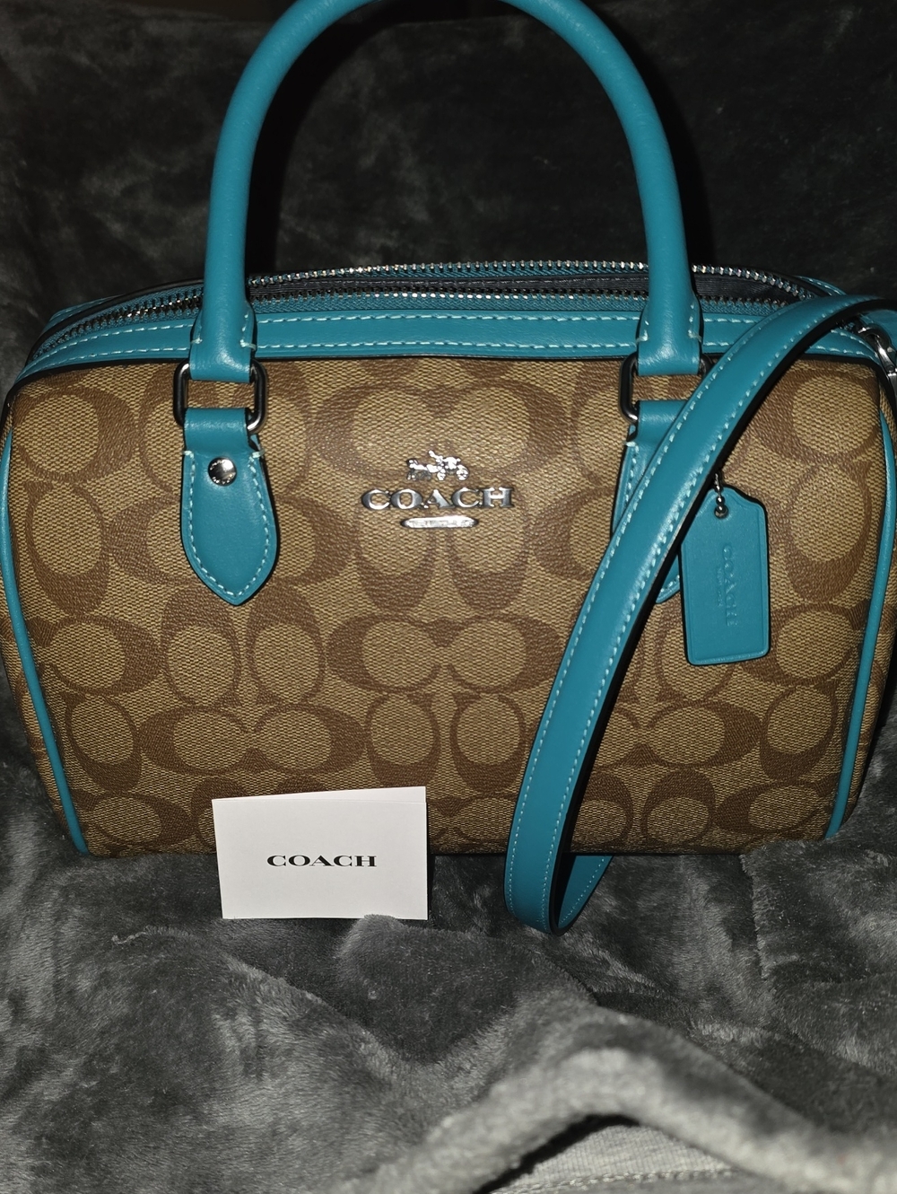 Coach Signature Canvas Satchel with Teal Trim and Handles